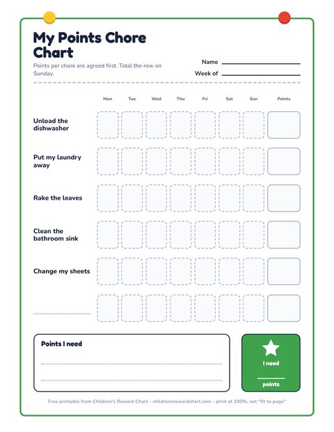 My Points Chore Chart printable preview