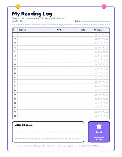 Reading log chart printable preview