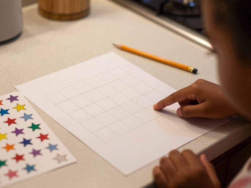 Behavior chart with four handwritten goals on the kitchen counter