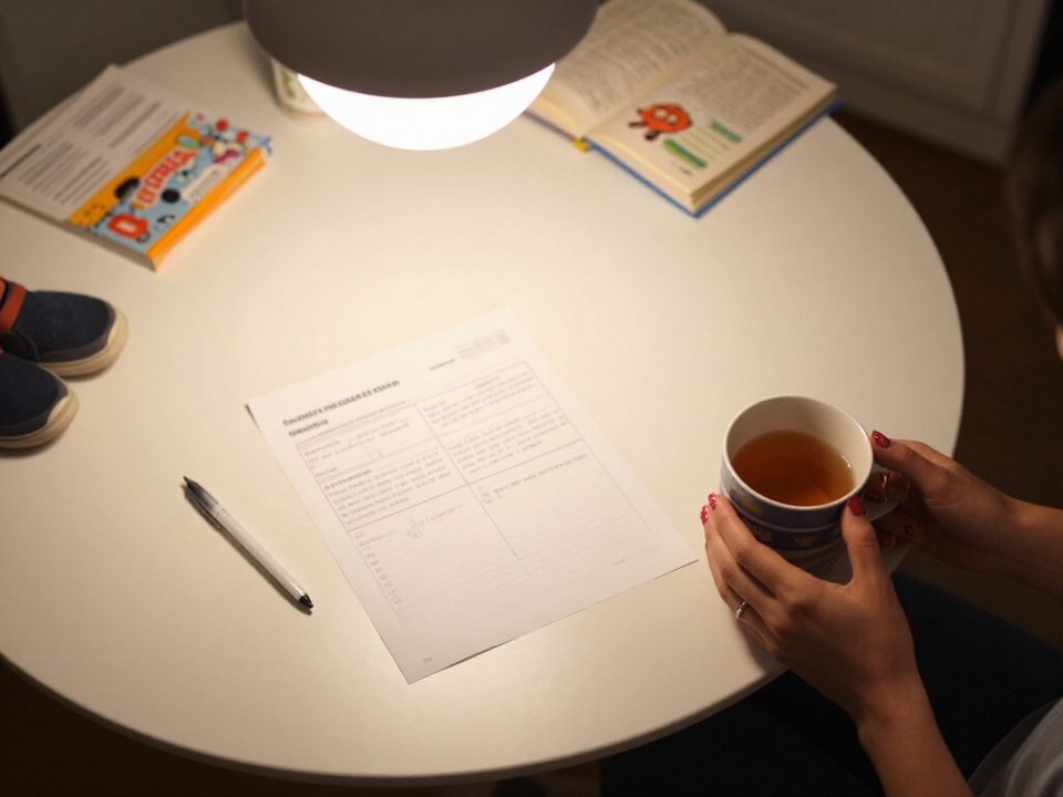Parent filling in an ABC behavior chart at the kitchen table after bedtime