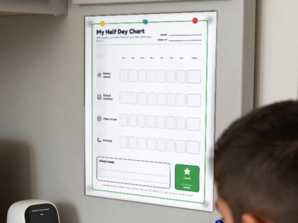 Child scoring the midday block on his short-interval behavior chart before lunch