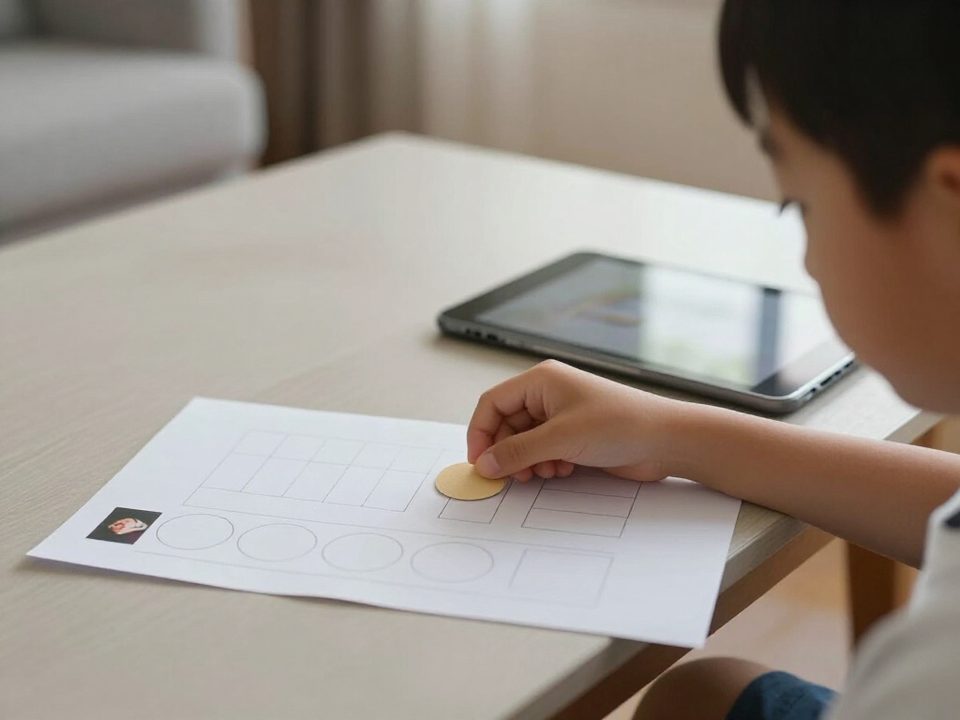 Child placing the third token on his token board at the table