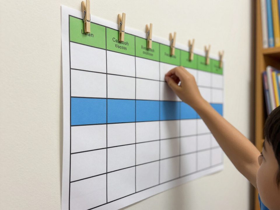 Child moving a clothespin up the color coded behavior chart in a classroom