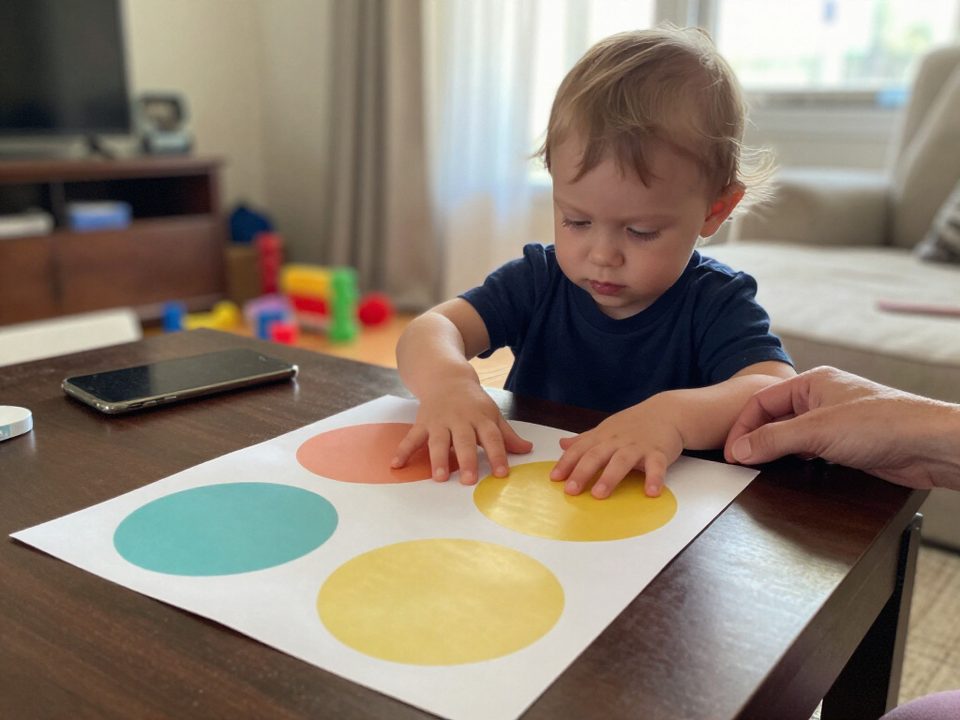 Toddler putting a sticker on a picture behavior chart on the coffee table