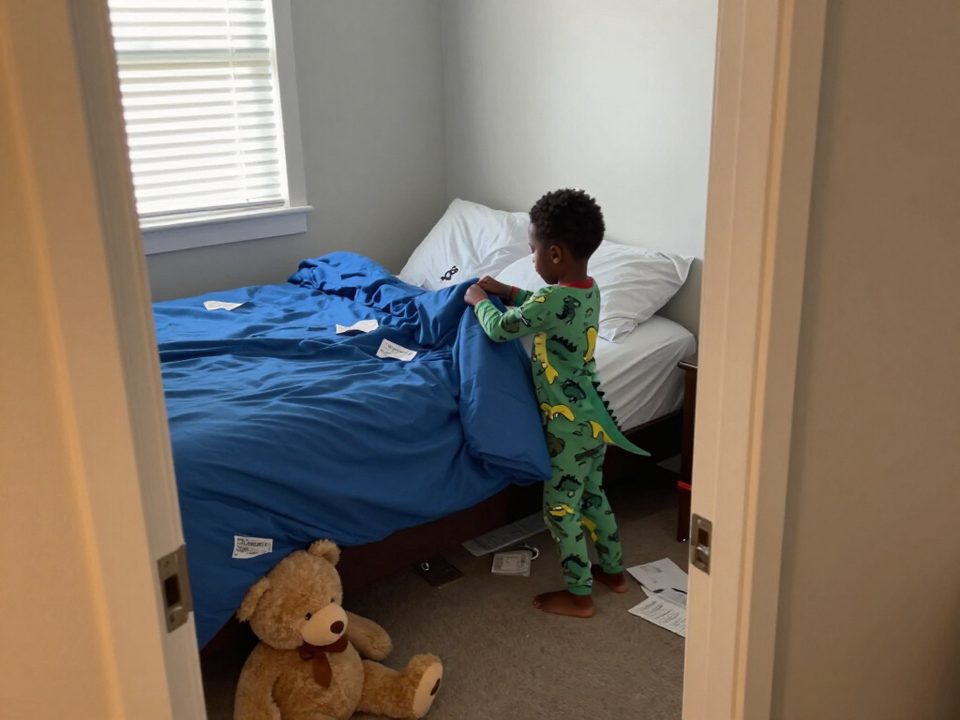 Four year old making his bed in the morning