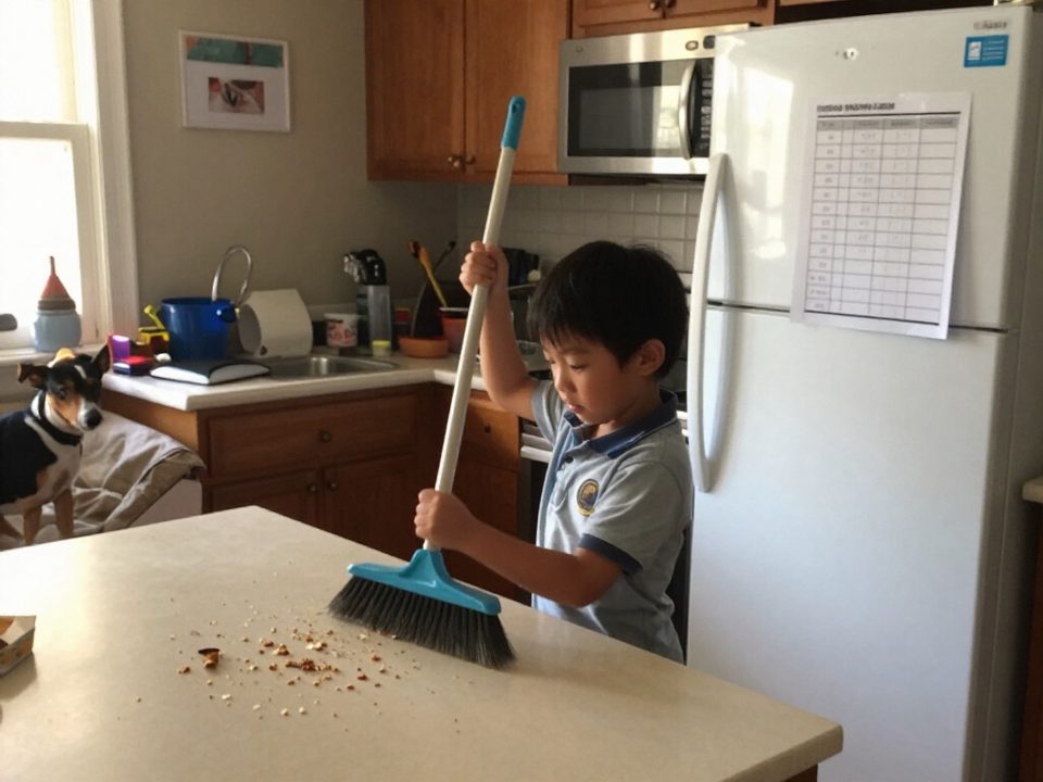 Six year old sweeping the kitchen floor after school