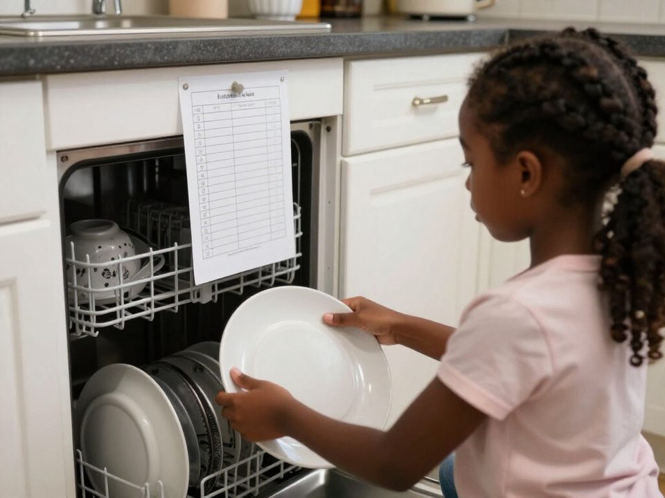 Eight year old loading the dishwasher with a points chore chart on the cabinet