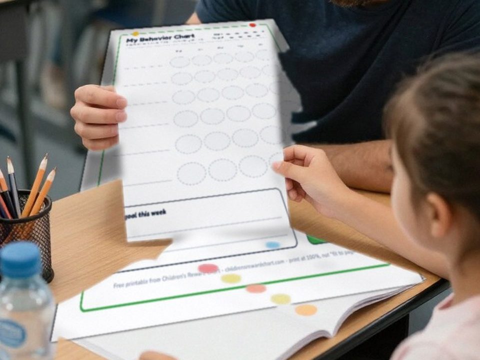 Teacher going over an individual behavior chart with a student at her desk