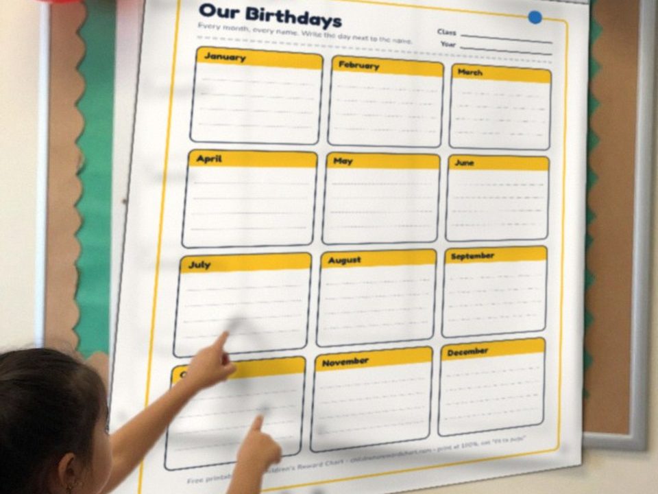 Classroom birthday chart on a bulletin board with a student pointing at her name