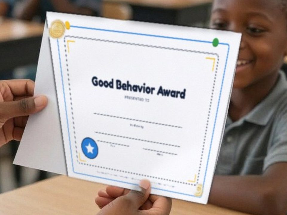 Student receiving a good behavior award in front of the class