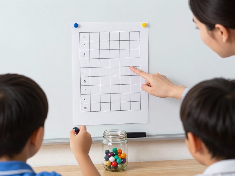 Student adding a marble to the class reward jar under the class points chart