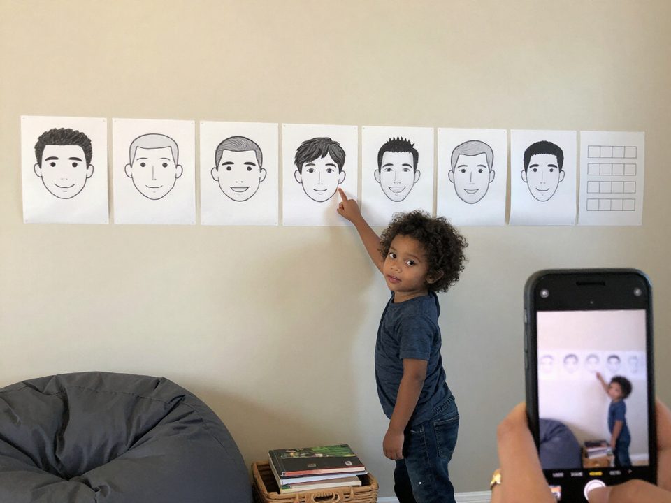Child pointing at how he feels on the feelings chart on the living room wall