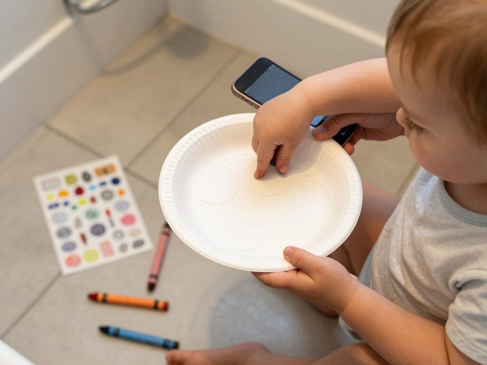 Toddler decorating a paper plate potty chart on the bathroom floor