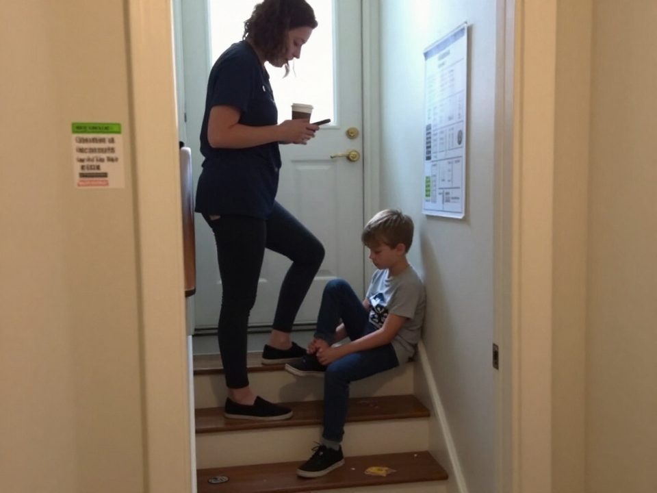 Morning shoes standoff in the hallway with the behavior chart on the wall