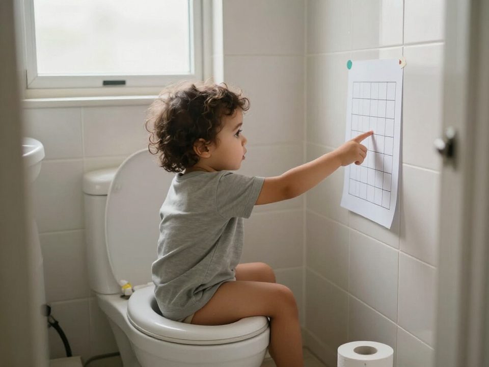 Toddler on the potty pointing at the potty chart taped to the bathroom wall