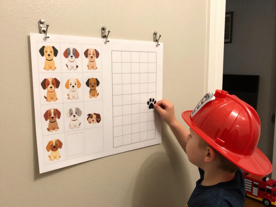 Boy in a firefighter hat adding a paw sticker to his rescue pups reward chart