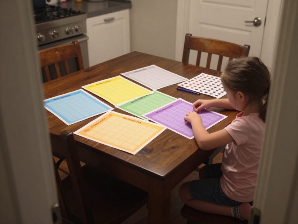 Child picking her color of weekly reward chart from the six on the table