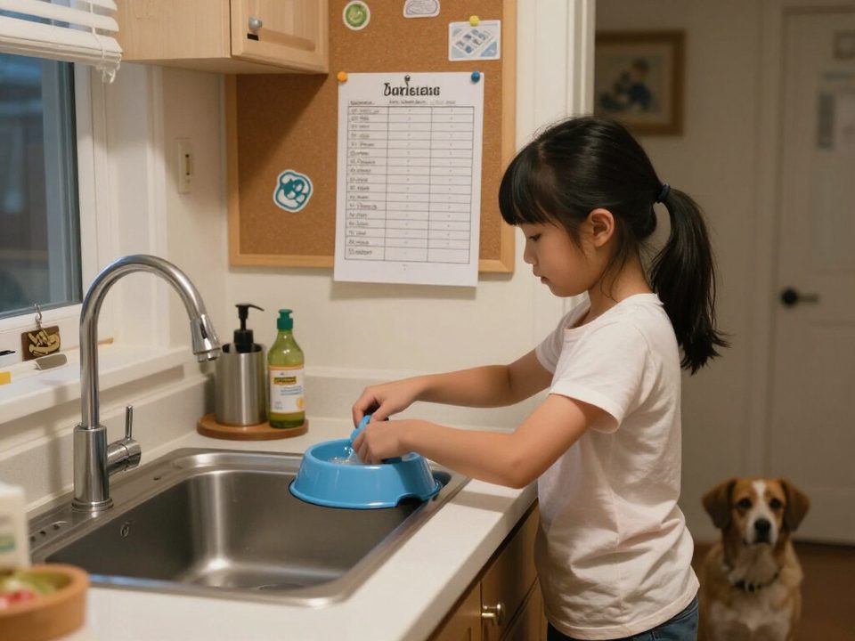 Child doing her responsibility, filling the dog's water bowl, with the responsibility chart on the corkboard