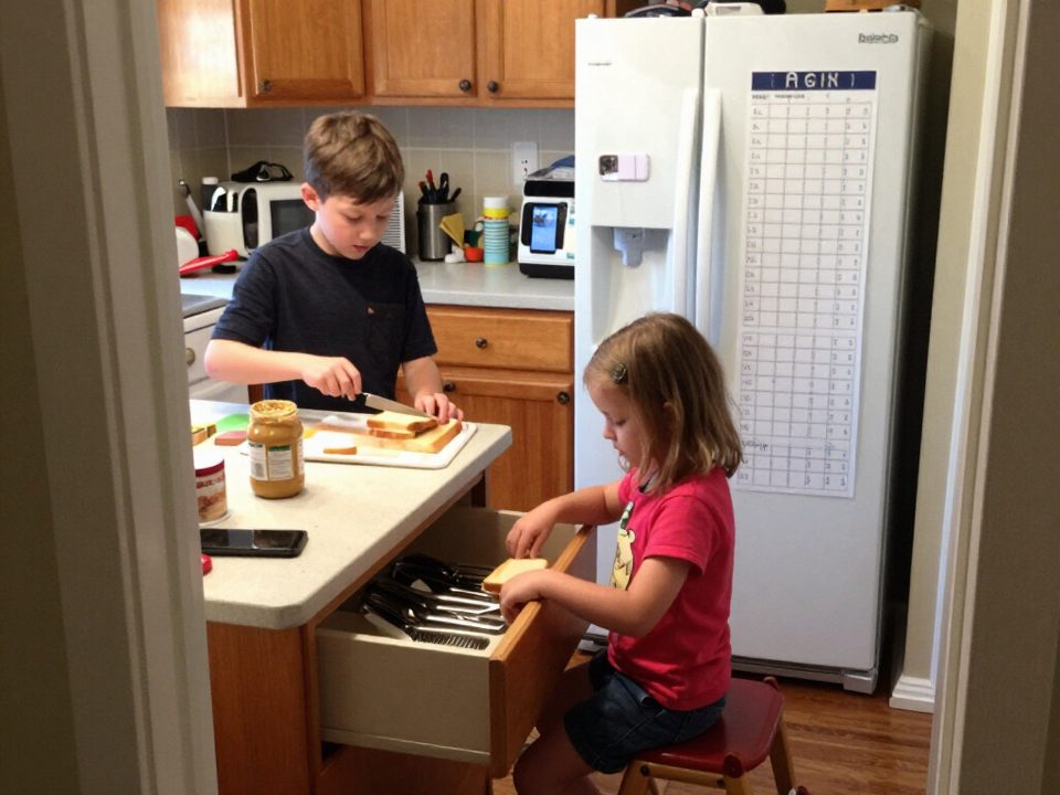 Two siblings doing their own chores in the kitchen on a Saturday morning