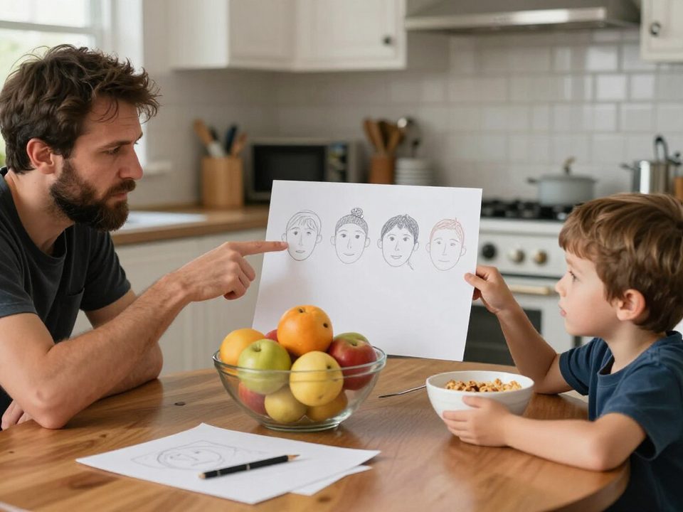 Father naming his own feeling on the faces chart while his son watches